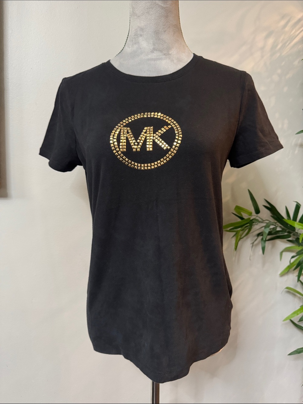 Michael Kors Black Short Sleeve Tee with Gold Studded MK Emblem